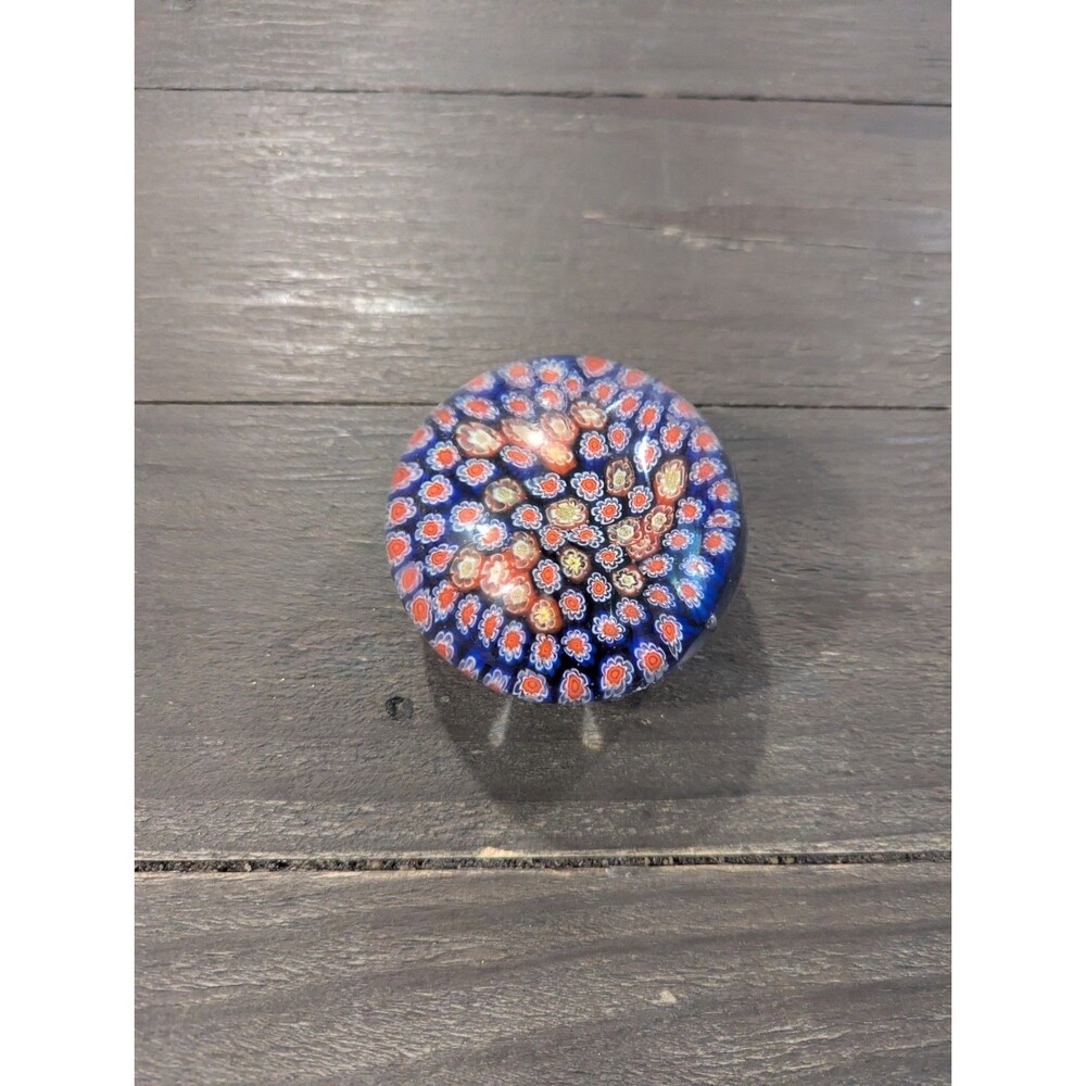 Vintage‎ Italian Murano Red White Blue Millefiori Glass Paperweight 2.25" x 3.5"